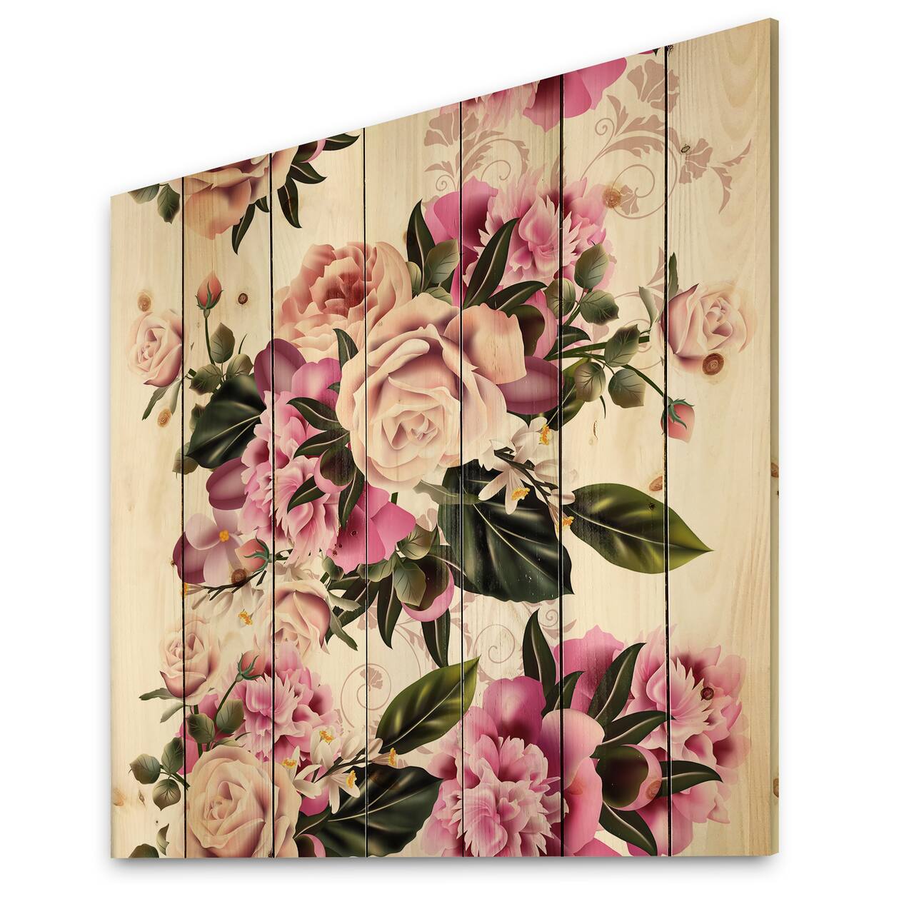 Designart - Vintage Peony Flowers - Traditional Print on Natural Pine Wood